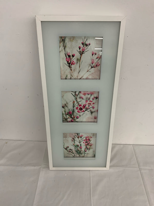 3 SQUARE PINK FLORAL IN WHITE FRAME WALL HANGING.