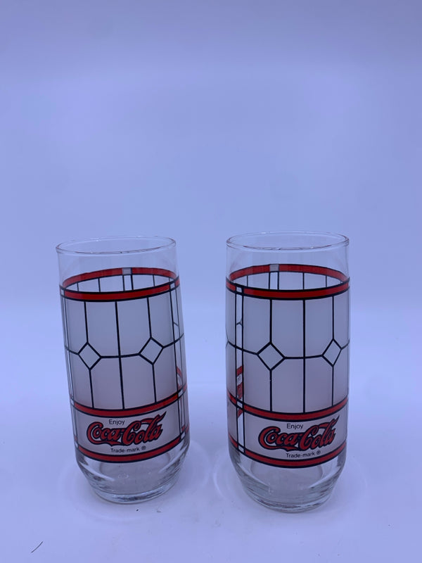 2 STAINED GLASS LOOK COCA COLA GLASSES.