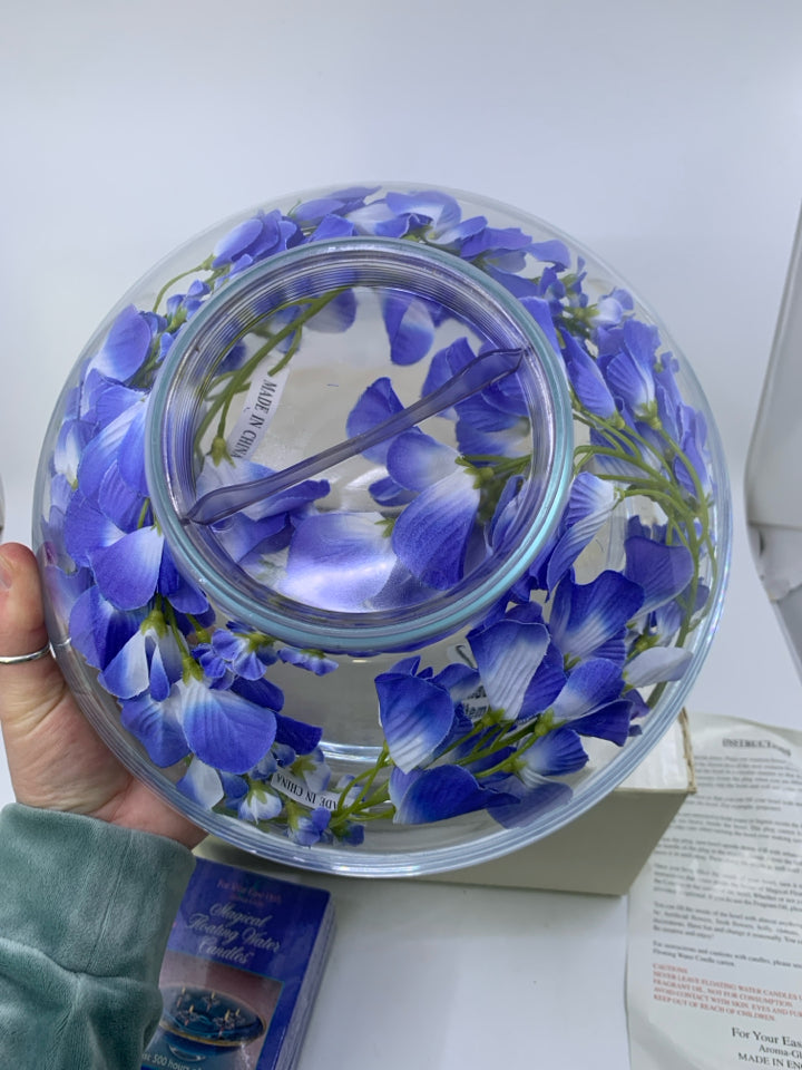 MAGICAL FLOATING WATER CANDLE SET W/ DECORATIVE BOWL AROMA GLOW MADE IN ENGLAND.