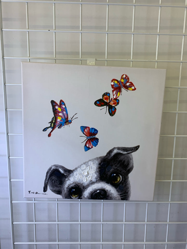 COLORFUL BUTTERFLIES WITH BLACK AND WHITE PUP WALL CANVAS.