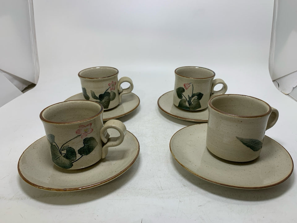 8 PC SVC 4 POTTERY TEACUPS & SAUCERS PINK ORCHID.