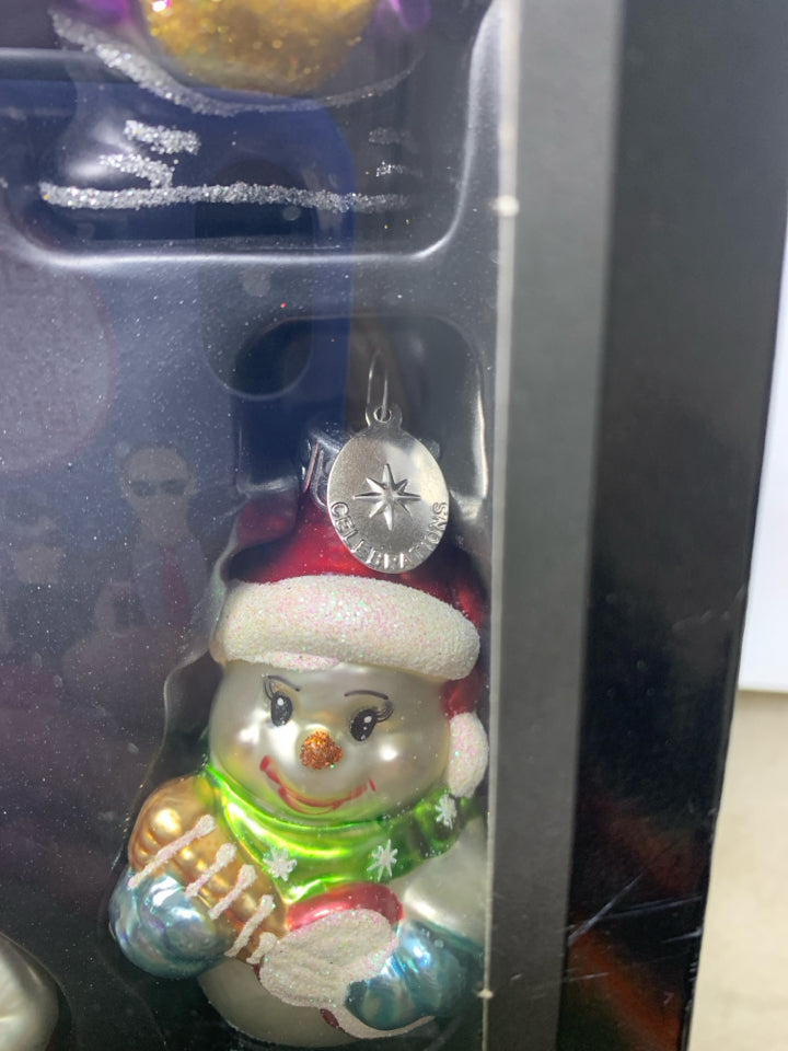 IN BOX 6 CHRISTOPHER RADKO SNOWMAN BAND GLASS ORNAMENTS.