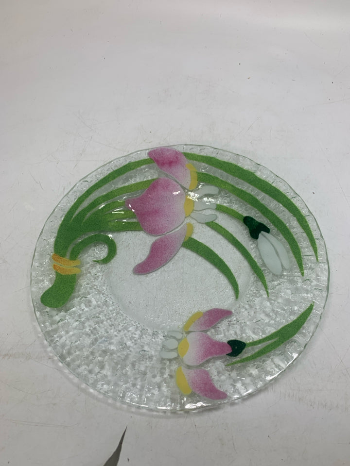 LIGHT PINK FLOWER FUSED GLASS PLATE *SIGNED.