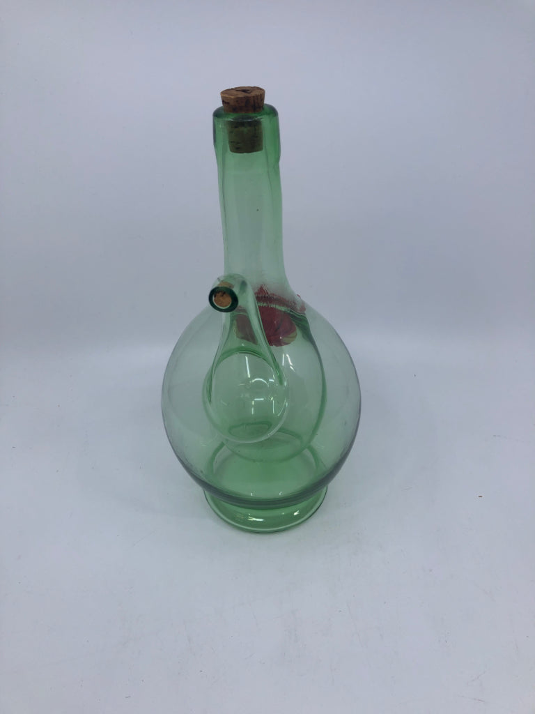 GREEN GLASS WINE DECANTER.