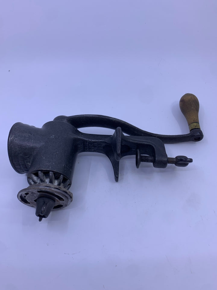 VTG CAST IRON FOOD GRINDER W/HAND CRANK.