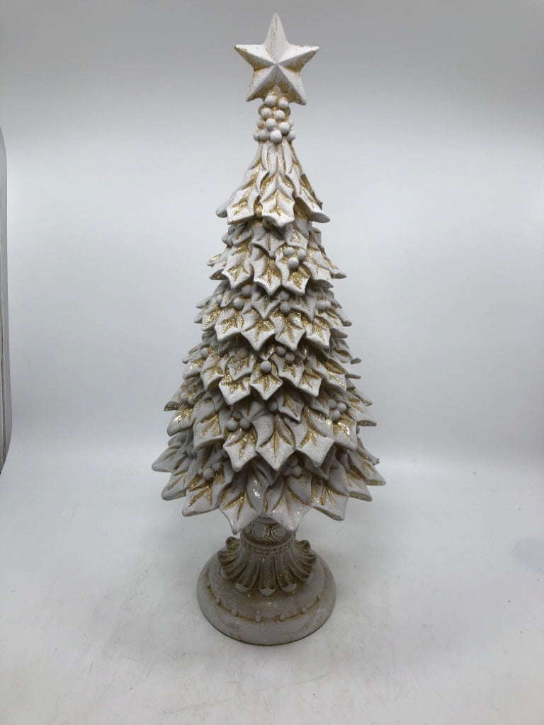 RESIN GREY CHRISTMAS TREE W/ GOLD SPARKLES.