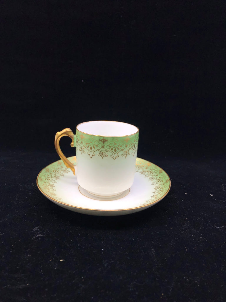 VTG GREEN W GOLD ACCENT TEACUP AND SAUCER.