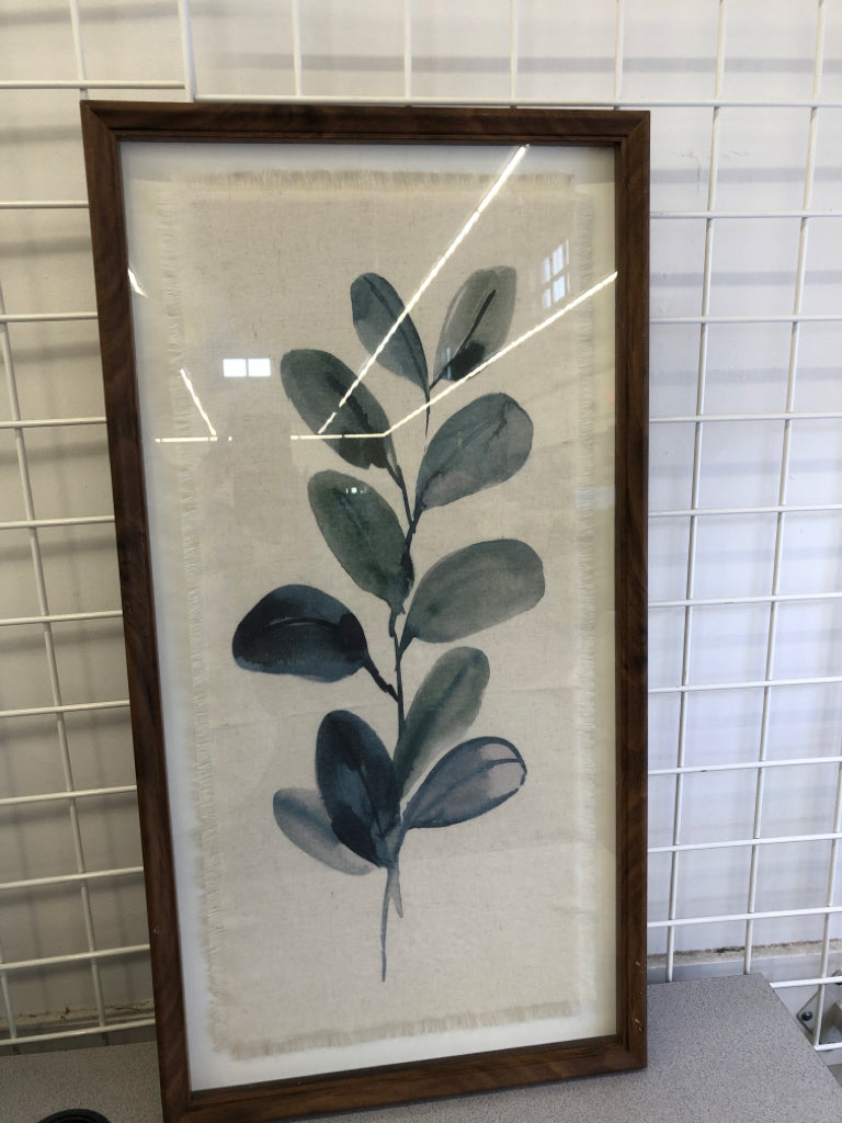 BLUE & GREEN ROUND LEAVES FRAMED PRINT ON CLOTH.