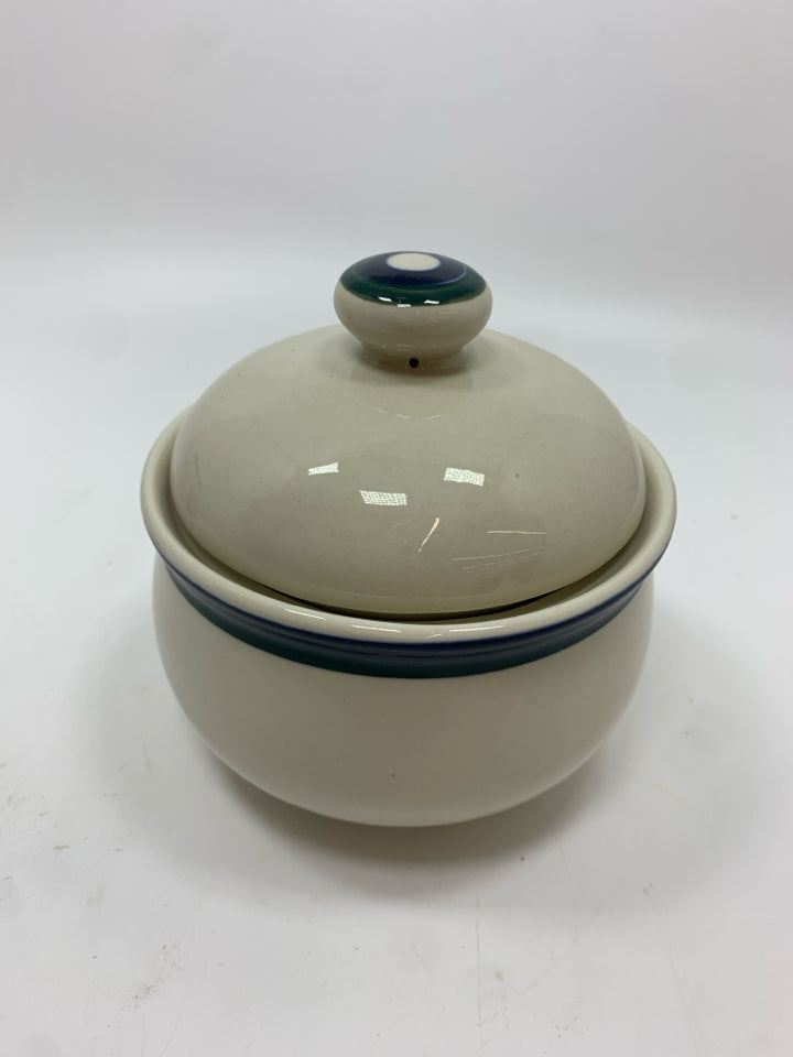 2PC CREAM BLUE RIM SUGAR CREAMER SET.