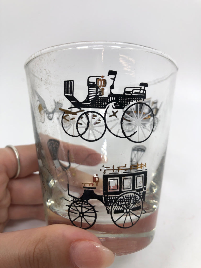 4 VTG HORSELESS CARRIAGE ROCKS GLASSES.