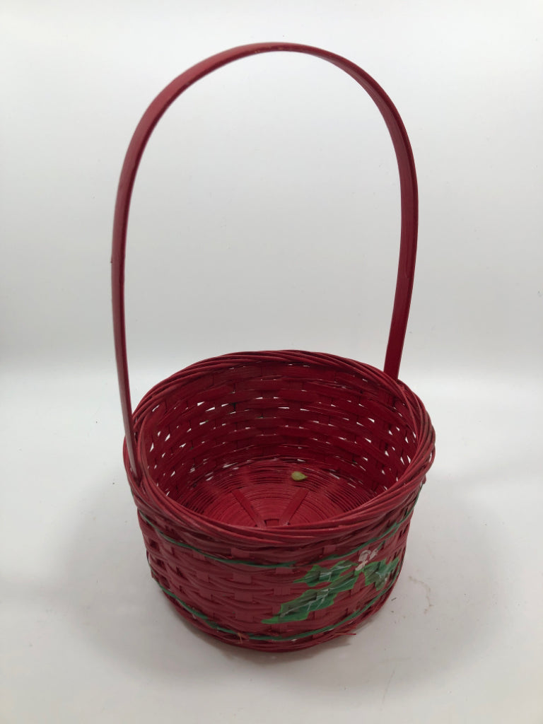 RED ROUND WOVEN BASKET W/ PAINTED HOLLY.
