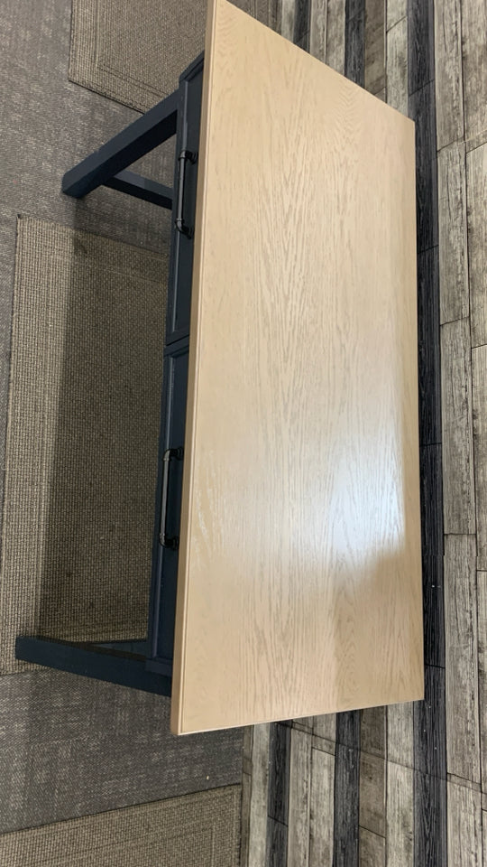 2-TONED WOOD-TOP BLACK DESK W/INDUSTRIAL HANDLES.
