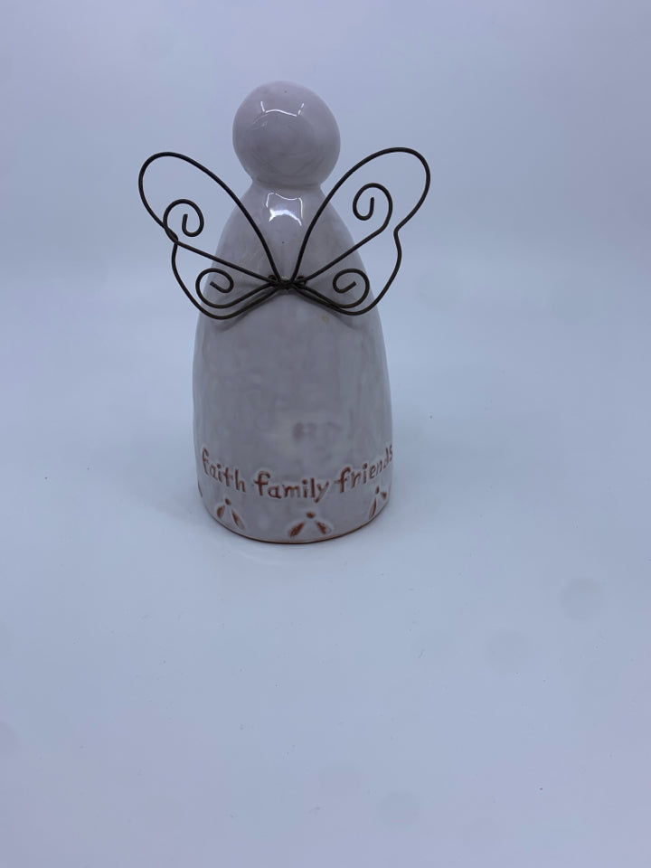 TERRA COTTA WHITE GLAZE ANGEL W/ FAITH,FAM,FRIENDS.