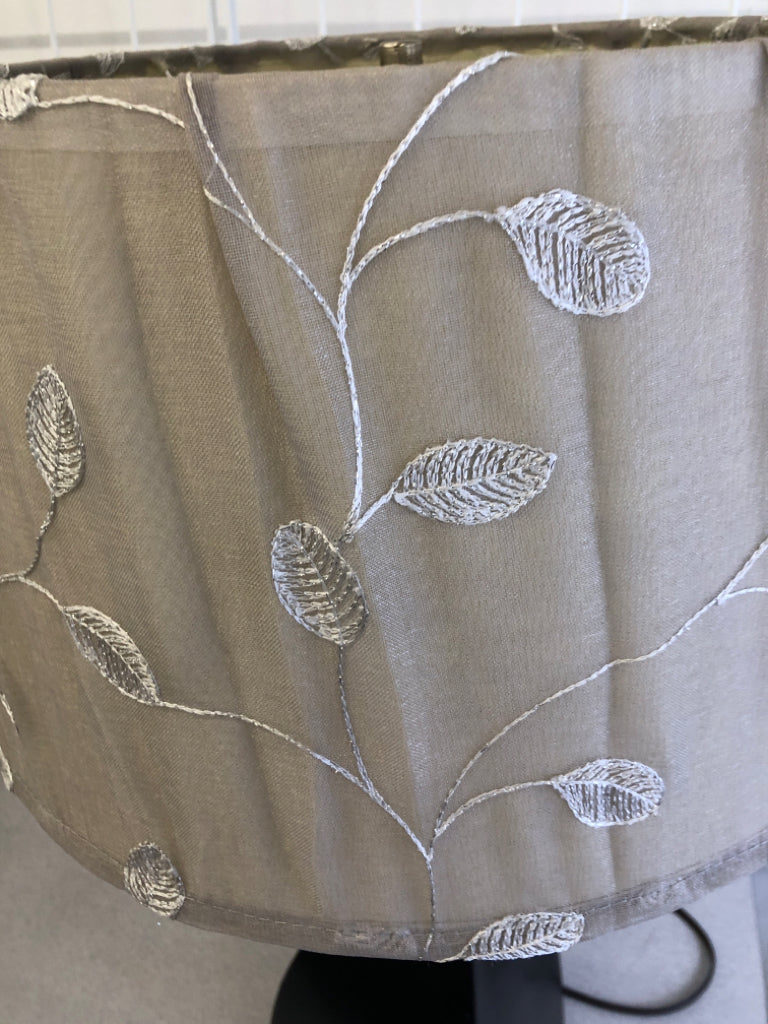 BLACK TWIST LAMP W/GLITTER LEAVES FABRIC SHADE.