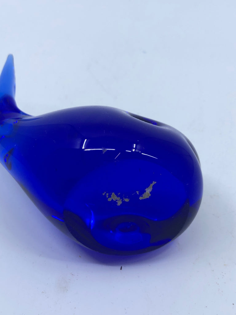 COBALT GLASS WHALE PAPERWEIGHT.