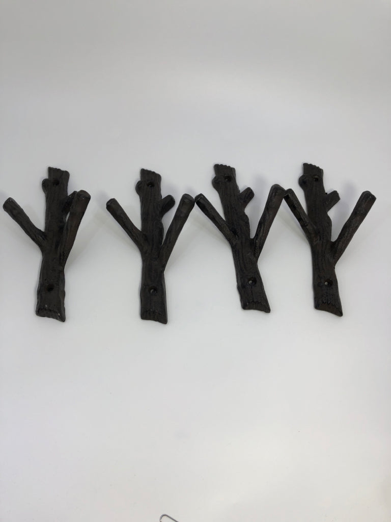 4 BROWN METAL TREE BRANCH WALL HOOKS.