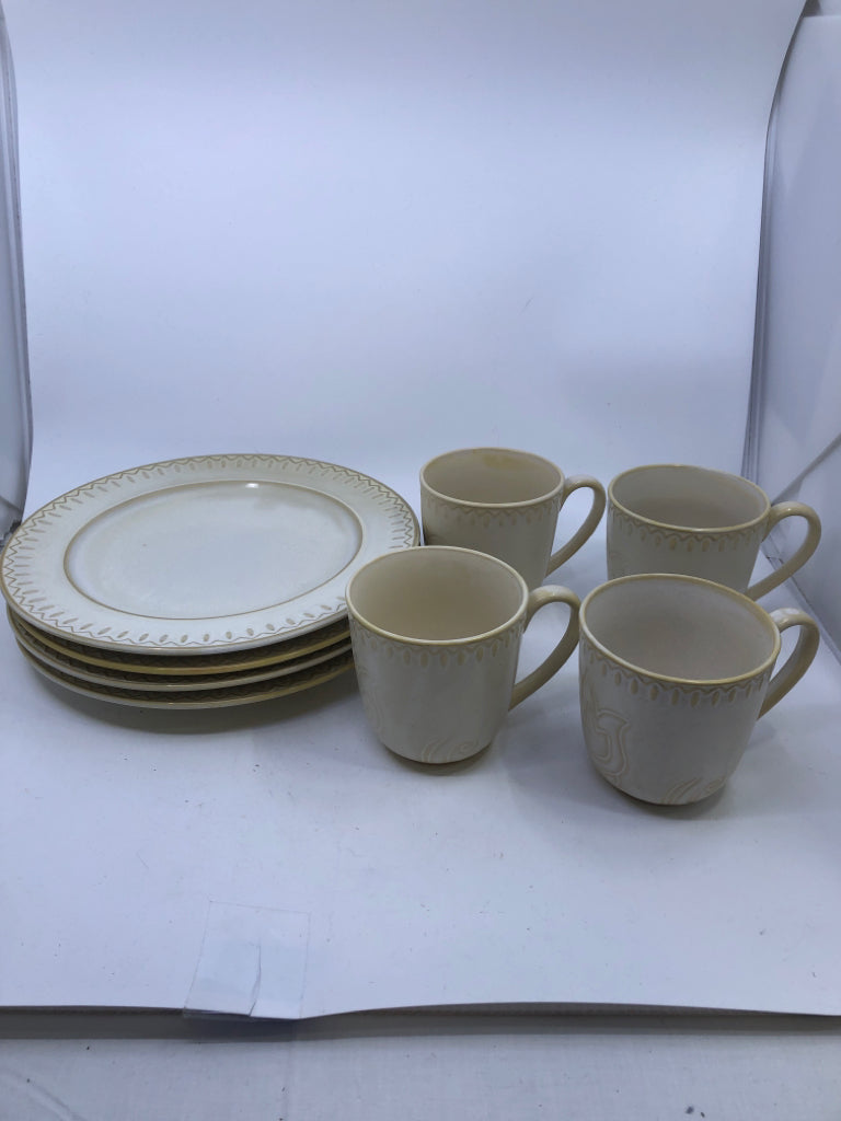 4 WAVE/DOT DESIGN DINNER PLATES + 4 MUGS