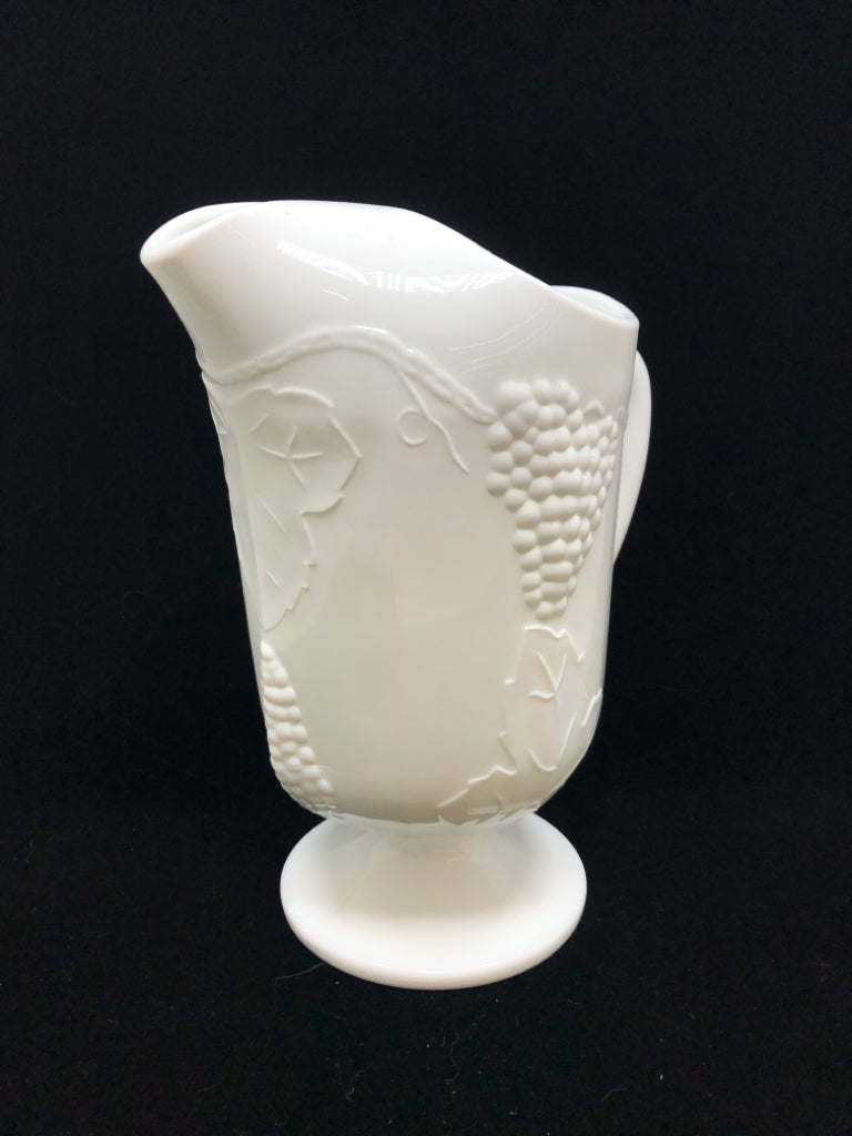 VTG EMBOSSED GRAPES MILK GLASS PITCHER.