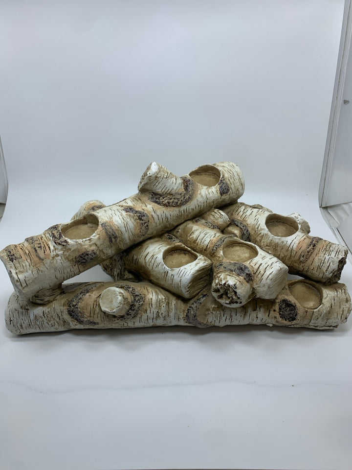 STACKED BIRCH LOG CANDLE HOLDER DECOR.
