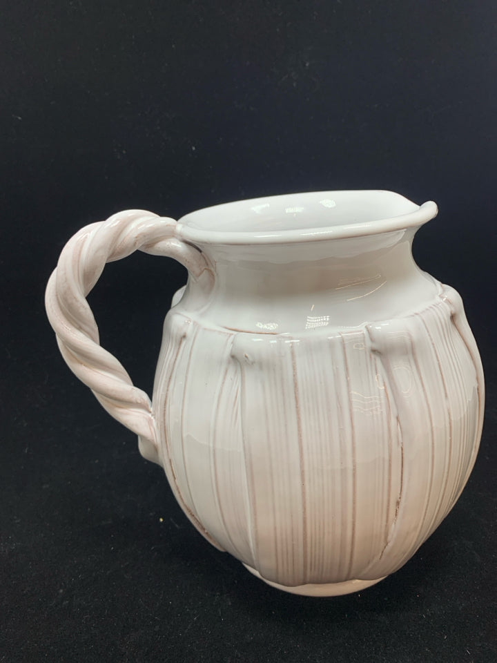 WHITE GLAZED CERAMIC PITCHER W/SPUN HANDLE.