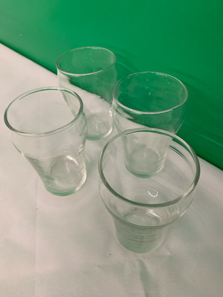 4 SHORT HOUR GLASS SHAPED WATER GLASSES.