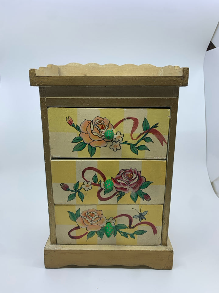 VTG YELLOW PAINTED ROSES JEWELRY BOX W 3 DRAWERS.