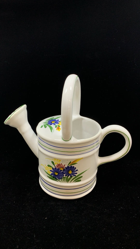 WHITE CERAMIC WATERING CAN W/PAINTED FLOWERS.