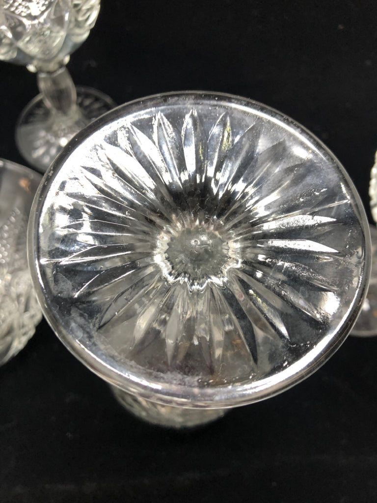 6 GLASS/CRYSTAL GOBLETS W/EMBOSSED MEDALLION DESIGN.