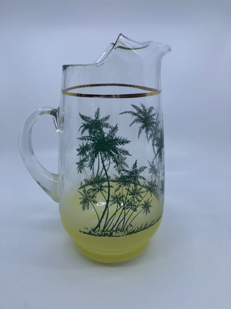 VTG BLENDO YELLOW FROSTED W/ PALM TREES PITCHER.