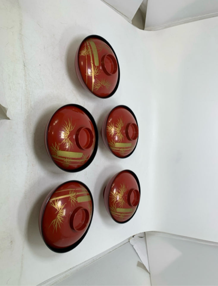 10 PC SVC 5 PLASTIC ASIAN STYLE LIDDED BOWLS W/ BAMBOO MOTIF.