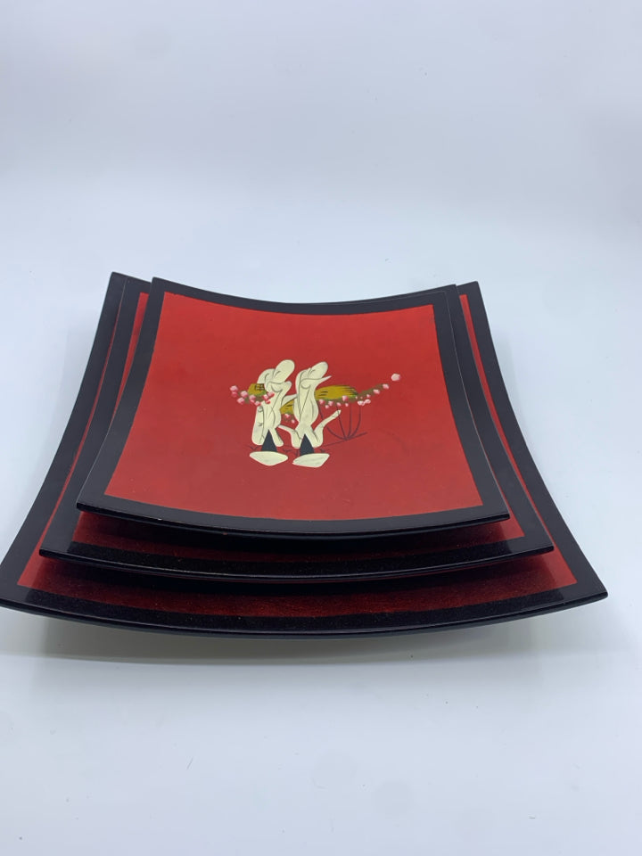 3 RED SQUARE DELICATE PLATES W 2 WOMEN WALKING.