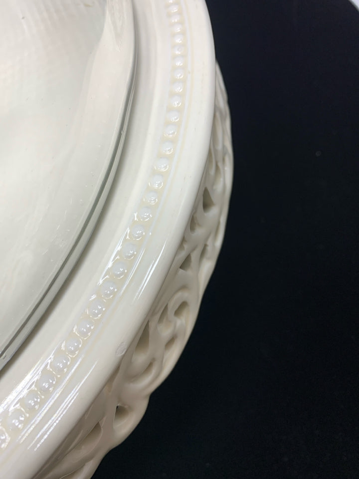 WHITE CERAMIC COVERED CAKE STAND.