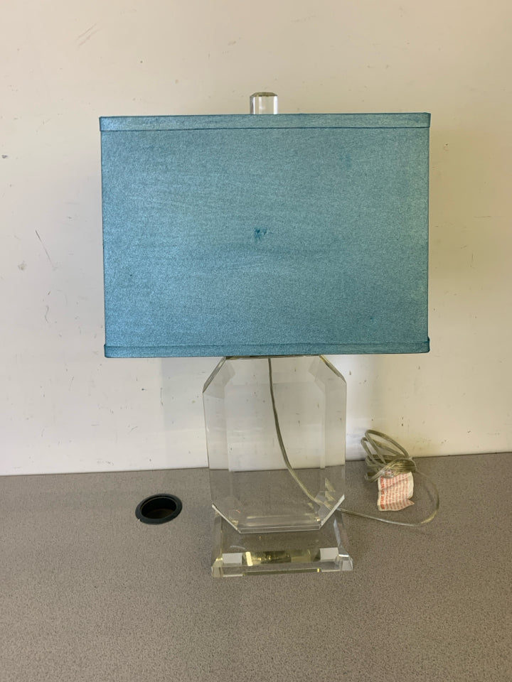 LARGE CRYSTAL LAMP W SQUARE BLUE SHADE.