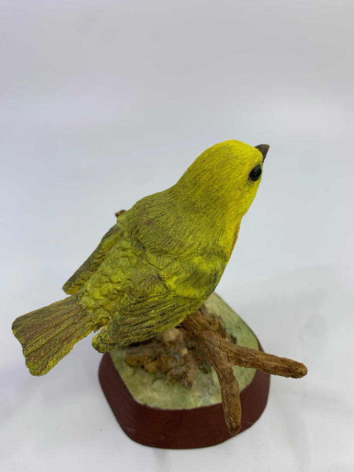 HANDCRAFTED YELLOW BIRD ON BRANCH FIGURINE.