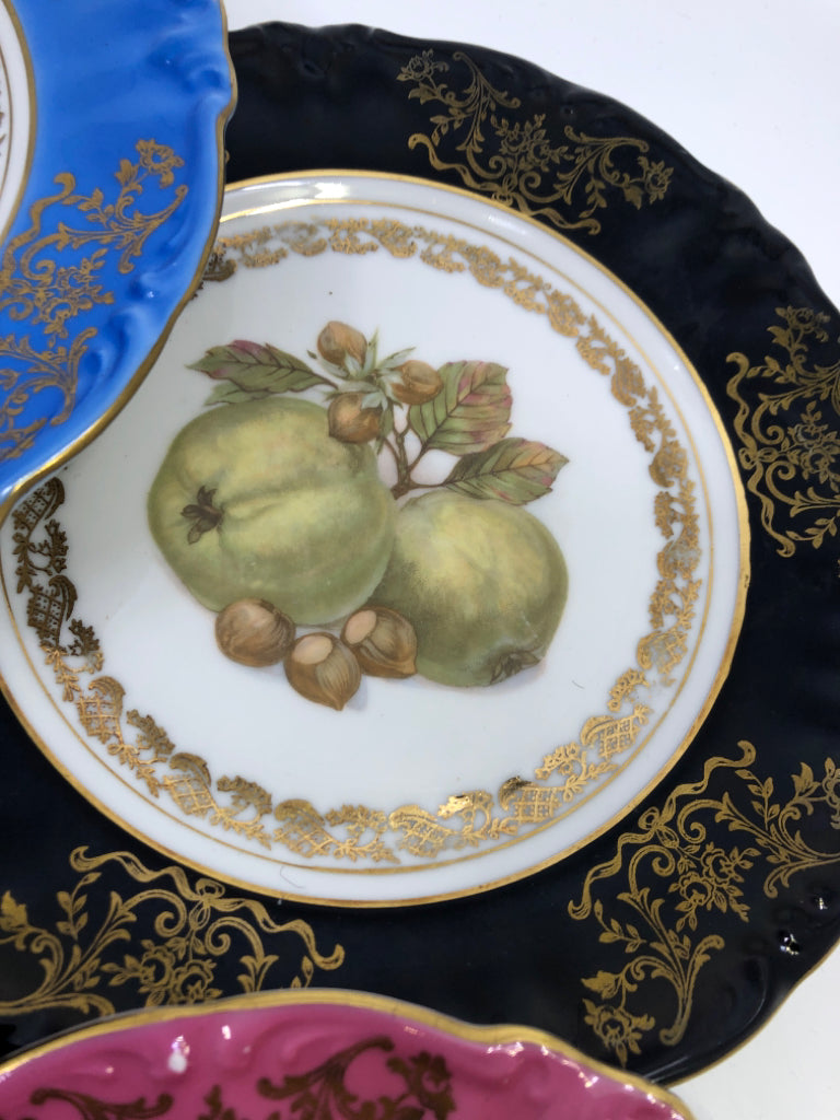 6 SMALL GOLD & COLORED RIM PLATES W FRUIT.
