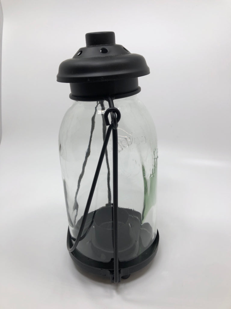 YANKEE CANDLE BLACK METAL AND GLASS VOTIVE LANTERN.