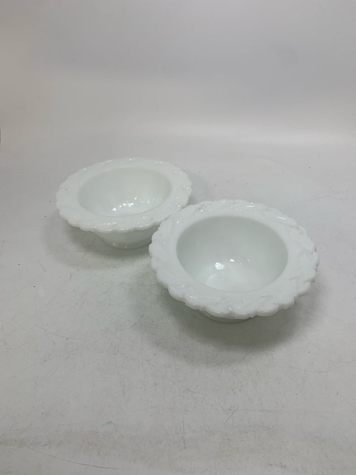 2 MILK GLASS BOWLS W/ DETAILED TRIM.