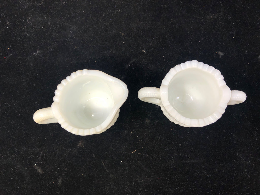 VTG SAWTOOTH EDGE MINI MILK GLASS SUGAR AND CREAMER.