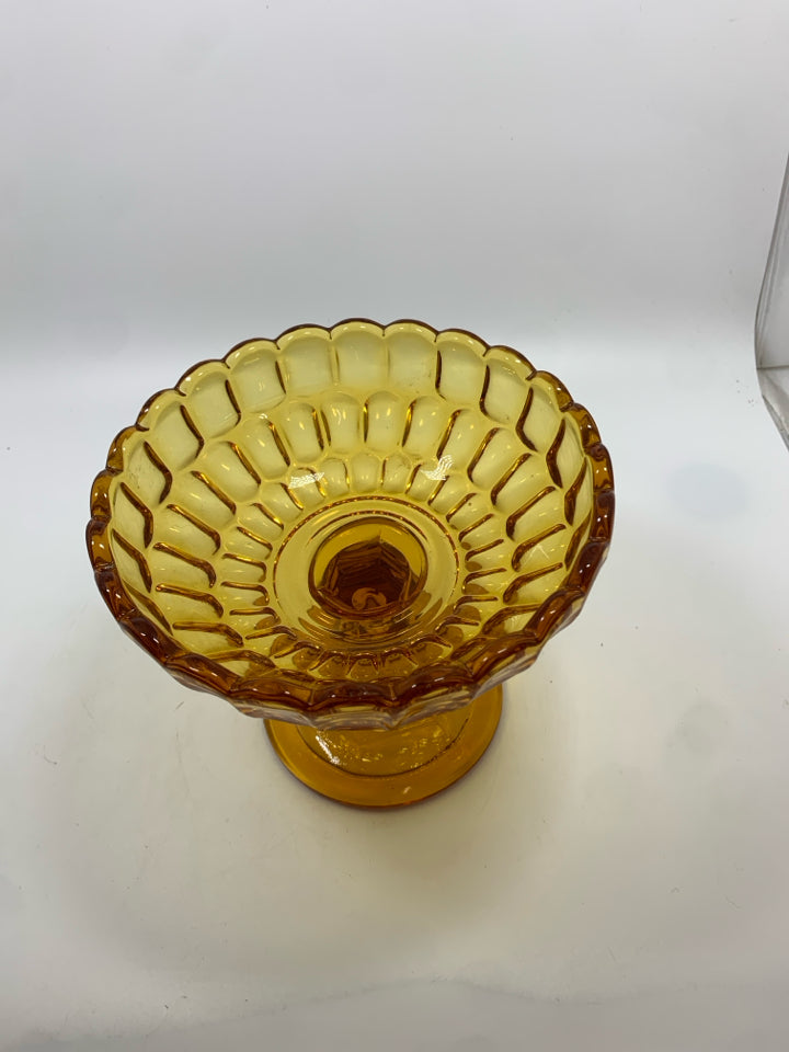 VTG AMBER GLASS PEDESTAL BOWL THUMB PRINT SCALLOP EDGE.