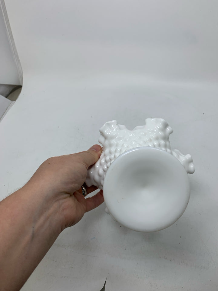 VTG HOBNAIL MILK GLASS PEDESTAL BOWL W/ RUFFLED EDGE.