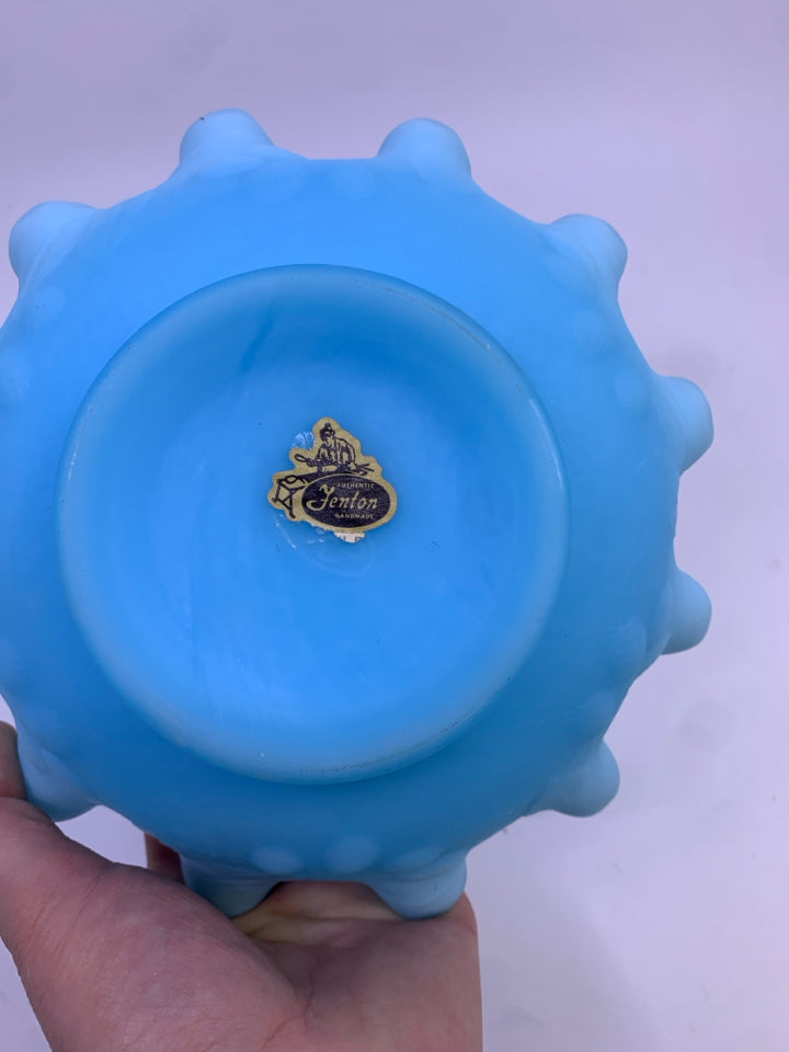 VTG FOOTED LIGHT BLUE FENTON BOWL W/ RUFFLED EDGE.