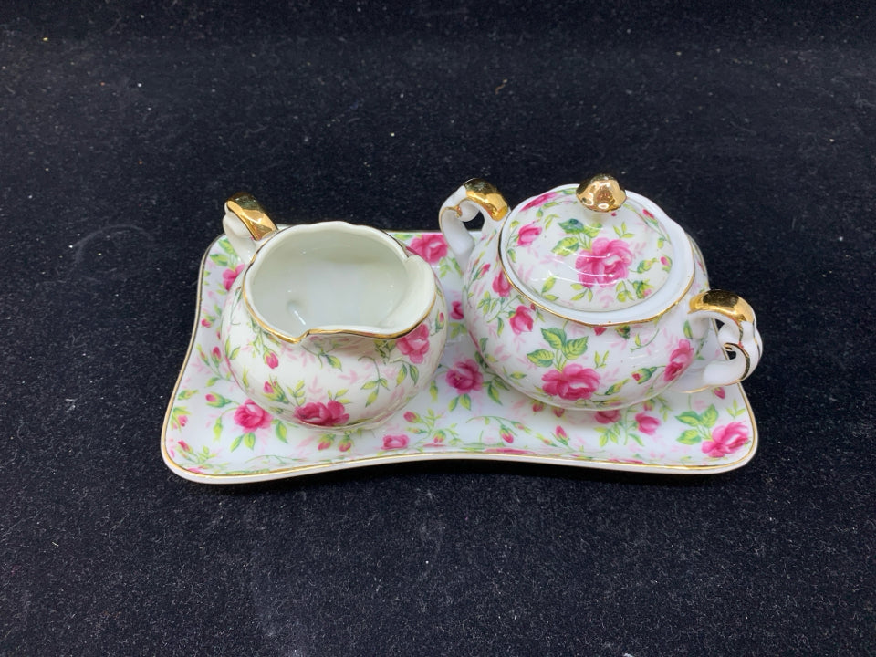 3 PIECE PINK ROSE PATTERN SUGAR AND CREAMER W/ TRAY.