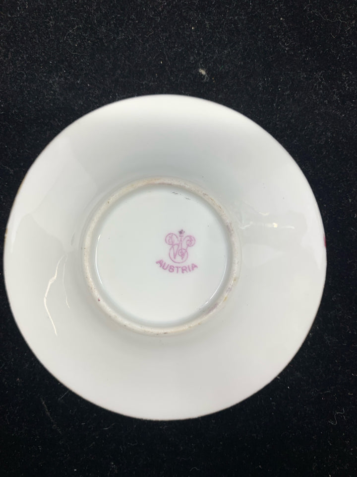 VTG DEMITASSE TEA CUP + SAUCER MAROON W/ GOLD DESIGNS.