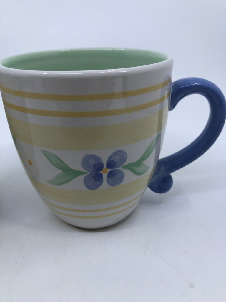 2 BLUE, YELLOW, GREEN FLOWER MUGS.