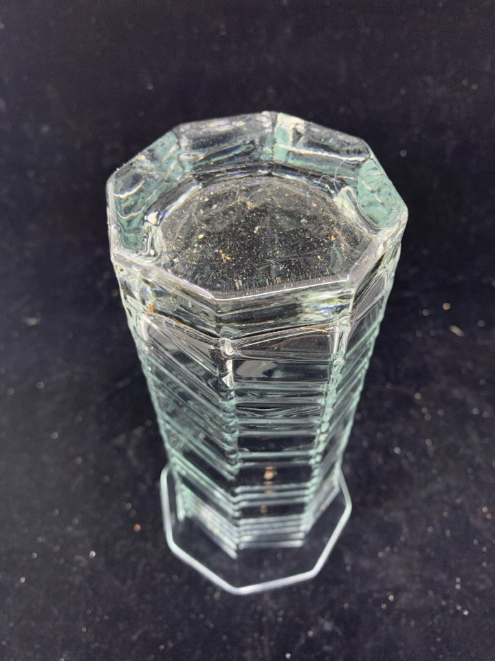 GLASS HEXAGON VASE W/ RIBBED DESIGN.