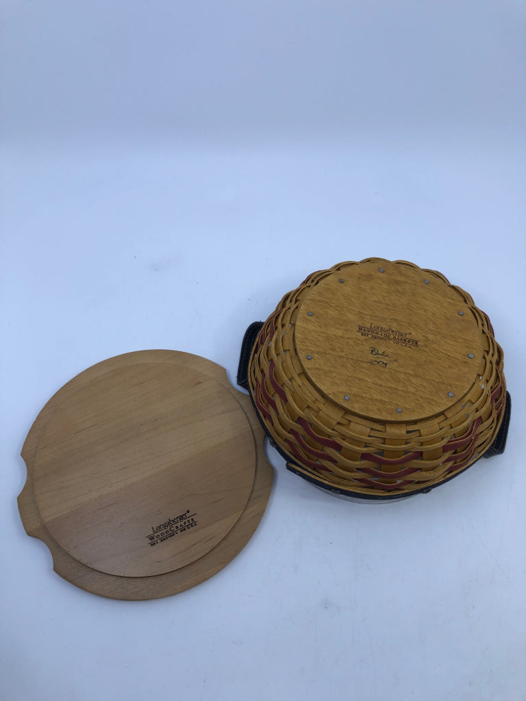 2005 INAUGURAL ROUND BASKET LEATHER HANDLES, LID, PROTECTOR & TIE ON.