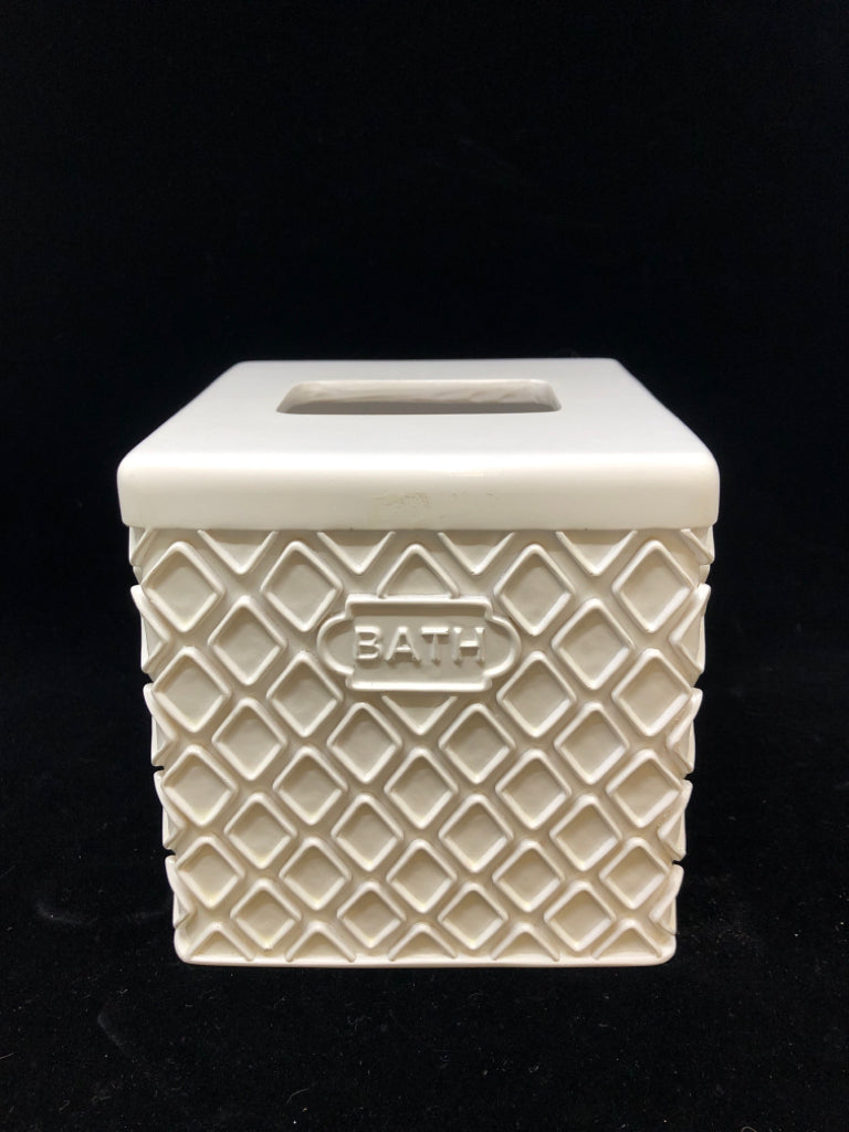WHITE CERAMIC TISSUE BOX COVER W/DIAMOND DETAIL.