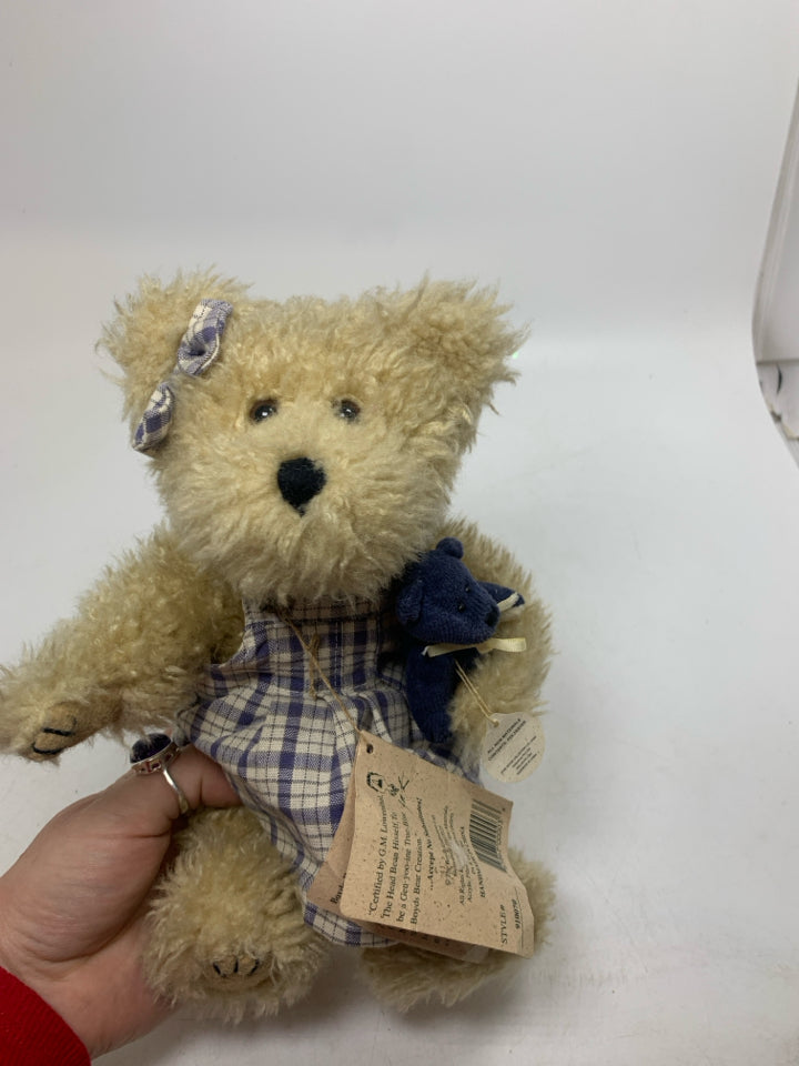 SHAGGY BOYDS BEAR IN BLUE PLAID DRESS.