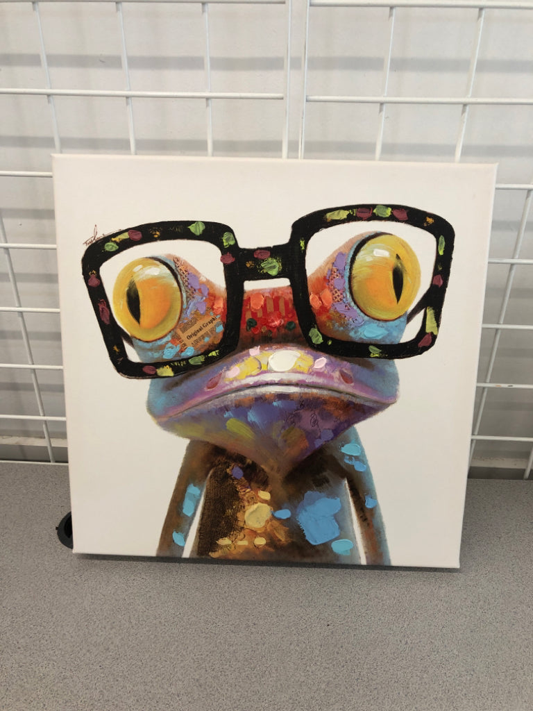 TEXTURED COLORFUL FROG WITH GLASSES CANVAS ART.