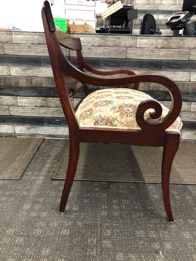 CHERRY WOOD, FLORAL CUSHION BENCH.